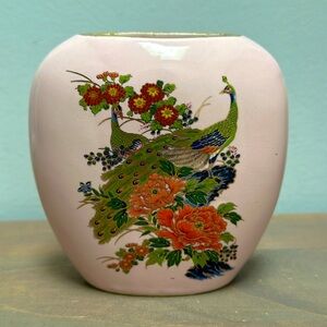 EUC Vintage Japan Pink Vase Gold Peacock Multi Floral
